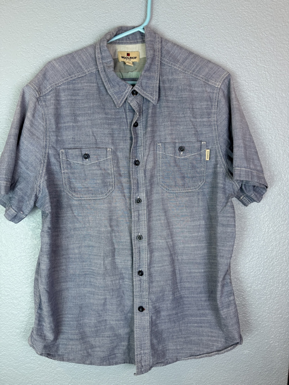 Woolrich Shirt Mens Large Blue Chambray Short Sleeve Button Up Workwear Pocket